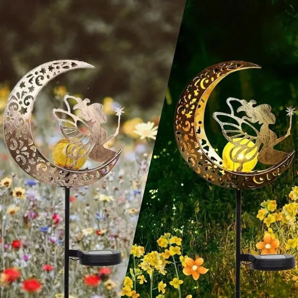 Solar Lights Fairy Moon Shape Garden Lights Outdoor Metal Solar Garden Lights Waterproof LED Glass Ball Outdoor Lights Fairy Figures Elf Garden Solar Light Decoration Patio Path Lawn Halloween Christmas