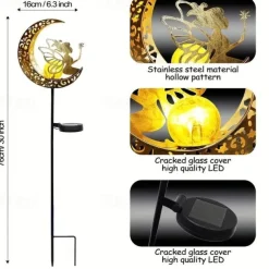 Solar Lights Fairy Moon Shape Garden Lights Outdoor Metal Solar Garden Lights Waterproof LED Glass Ball Outdoor Lights Fairy Figures Elf Garden Solar Light Decoration Patio Path Lawn Halloween Christmas