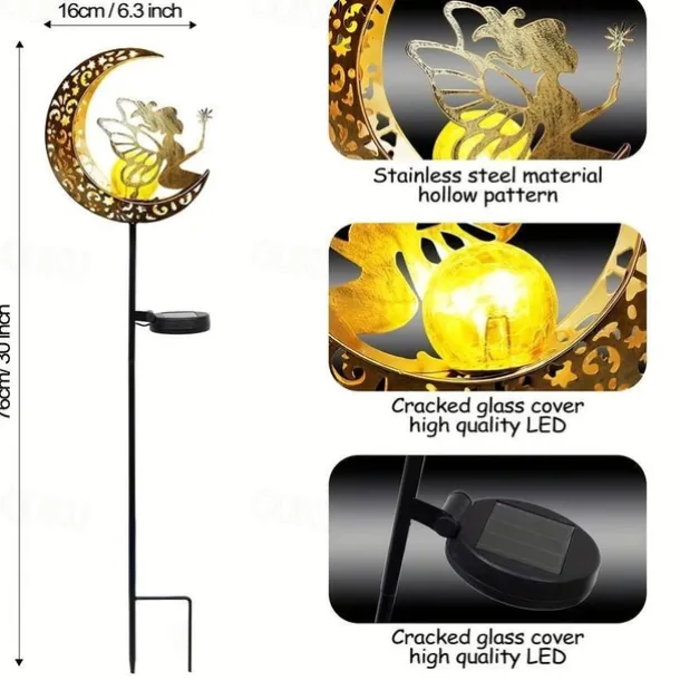 Solar Lights Fairy Moon Shape Garden Lights Outdoor Metal Solar Garden Lights Waterproof LED Glass Ball Outdoor Lights Fairy Figures Elf Garden Solar Light Decoration Patio Path Lawn Halloween Christmas