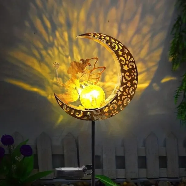 Solar Lights Fairy Moon Shape Garden Lights Outdoor Metal Solar Garden Lights Waterproof LED Glass Ball Outdoor Lights Fairy Figures Elf Garden Solar Light Decoration Patio Path Lawn Halloween Christmas