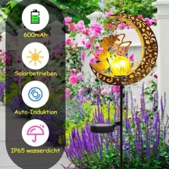 Solar Lights Fairy Moon Shape Garden Lights Outdoor Metal Solar Garden Lights Waterproof LED Glass Ball Outdoor Lights Fairy Figures Elf Garden Solar Light Decoration Patio Path Lawn Halloween Christmas