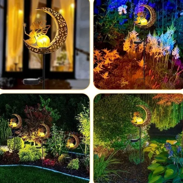 Solar Lights Fairy Moon Shape Garden Lights Outdoor Metal Solar Garden Lights Waterproof LED Glass Ball Outdoor Lights Fairy Figures Elf Garden Solar Light Decoration Patio Path Lawn Halloween Christmas