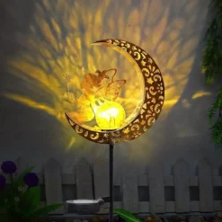 Solar Lights Fairy Moon Shape Garden Lights Outdoor Metal Solar Garden Lights Waterproof LED Glass Ball Outdoor Lights Fairy Figures Elf Garden Solar Light Decoration Patio Path Lawn Halloween Christmas