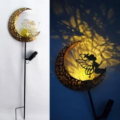 Solar Lights Fairy Moon Shape Garden Lights Outdoor Metal Solar Garden Lights Waterproof LED Glass Ball Outdoor Lights Fairy Figures Elf Garden Solar Light Decoration Patio Path Lawn Halloween Christmas