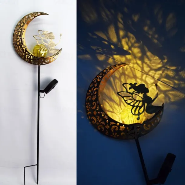 Solar Lights Fairy Moon Shape Garden Lights Outdoor Metal Solar Garden Lights Waterproof LED Glass Ball Outdoor Lights Fairy Figures Elf Garden Solar Light Decoration Patio Path Lawn Halloween Christmas