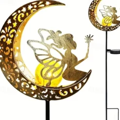 Solar Lights Fairy Moon Shape Garden Lights Outdoor Metal Solar Garden Lights Waterproof LED Glass Ball Outdoor Lights Fairy Figures Elf Garden Solar Light Decoration Patio Path Lawn Halloween Christmas