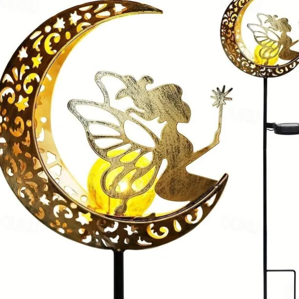 Solar Lights Fairy Moon Shape Garden Lights Outdoor Metal Solar Garden Lights Waterproof LED Glass Ball Outdoor Lights Fairy Figures Elf Garden Solar Light Decoration Patio Path Lawn Halloween Christmas