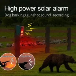 Solar Motion Sensor Alarm with Dog Barking & Gunshot Sound - 130dB Siren Security System with Remote Controller for Home, Farm, Yard, Chicken Coop, Villa