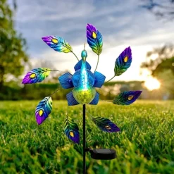 Solar Painted Peacock Garden Lights Metal Peacock Windmill Yard Stakes Outdoor Wind Spinners For Garden Yard Patio Lawn Decor lamp 1PC