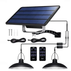 Solar Pendant Light Outdoor IP65 Waterproof 2 Head Indoor Solar Lamp with Cable Remote Controller for Courtyard Garden Indoor Lawn Landscape