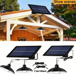 Solar Pendant Light Outdoor IP65 Waterproof 2 Head Indoor Solar Lamp with Cable Remote Controller for Courtyard Garden Indoor Lawn Landscape