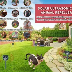 Solar Powered Animal Repeller – Ultrasonic Bird, Dog, Snake Deterrent with Sound, Flash Light for Outdoor Garden and Farm Use
