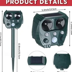 Solar Powered Animal Repeller – Ultrasonic Bird, Dog, Snake Deterrent with Sound, Flash Light for Outdoor Garden and Farm Use