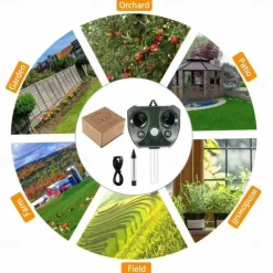 Solar Powered Ultrasonic Animal and Bird Repeller Waterproof Animal Deterrent LED Light Alarm for Orchard/Greenhouse/Vegetable Garden