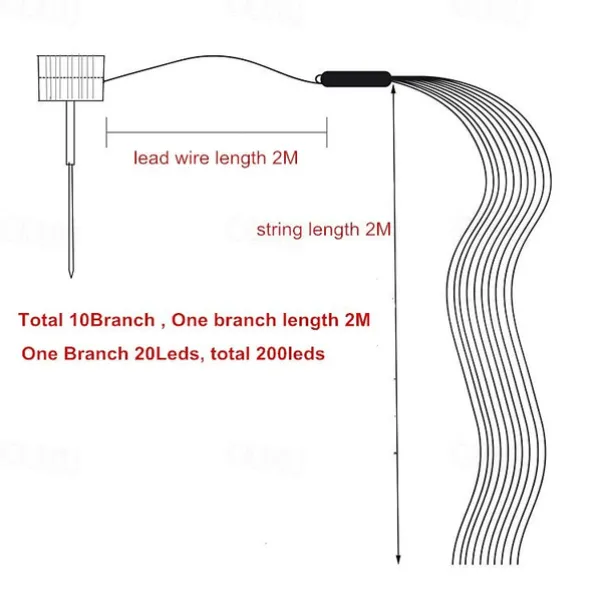Solar String Lights Outdoor 10 Strands 2M 200LEDs Waterproof Twinkle Starry Fairy Branch Copper Waterfall Light for Garden Fence Tree Flexible Yard Garland Patio Decor Lighting