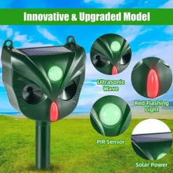 Solar Ultrasonic Animal Repeller – Motion Activated Waterproof Deterrent with Flashing LED Light for Cats Dogs Squirrels in Gardens
