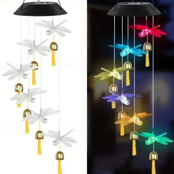 Solar Wind Chimes Bell Dragonfly LED Lights Outdoor Waterproof Auto Light Color-Changing Solar Powered Hanging Lights for Courtyard Garden Patio Festival Decoration