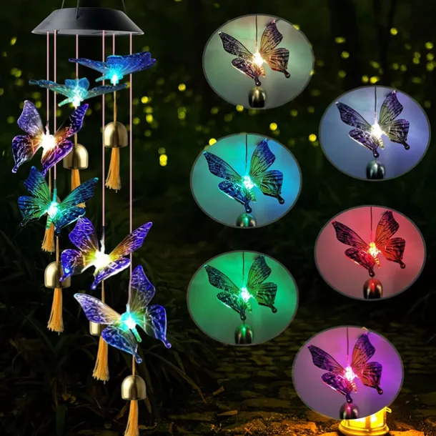Solar Wind Chimes Bell Dragonfly LED Lights Outdoor Waterproof Auto Light Color-Changing Solar Powered Hanging Lights for Courtyard Garden Patio Festival Decoration