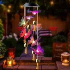 Solar Wind Chimes Bell Dragonfly LED Lights Outdoor Waterproof Auto Light Color-Changing Solar Powered Hanging Lights for Courtyard Garden Patio Festival Decoration