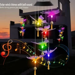 Solar Wind Chimes Bell Dragonfly LED Lights Outdoor Waterproof Auto Light Color-Changing Solar Powered Hanging Lights for Courtyard Garden Patio Festival Decoration