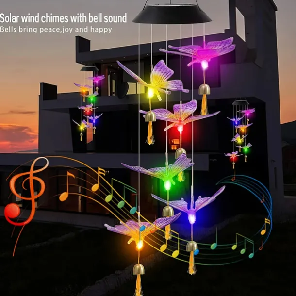 Solar Wind Chimes Bell Dragonfly LED Lights Outdoor Waterproof Auto Light Color-Changing Solar Powered Hanging Lights for Courtyard Garden Patio Festival Decoration