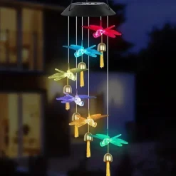 Solar Wind Chimes Bell Dragonfly LED Lights Outdoor Waterproof Auto Light Color-Changing Solar Powered Hanging Lights for Courtyard Garden Patio Festival Decoration
