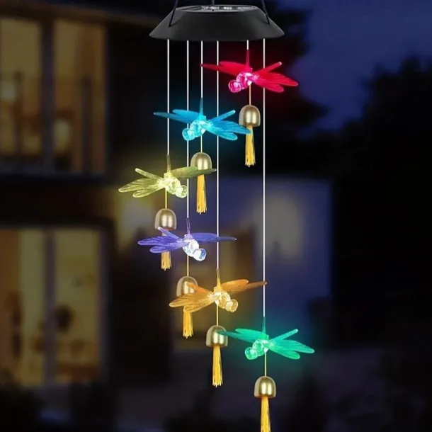 Solar Wind Chimes Bell Dragonfly LED Lights Outdoor Waterproof Auto Light Color-Changing Solar Powered Hanging Lights for Courtyard Garden Patio Festival Decoration