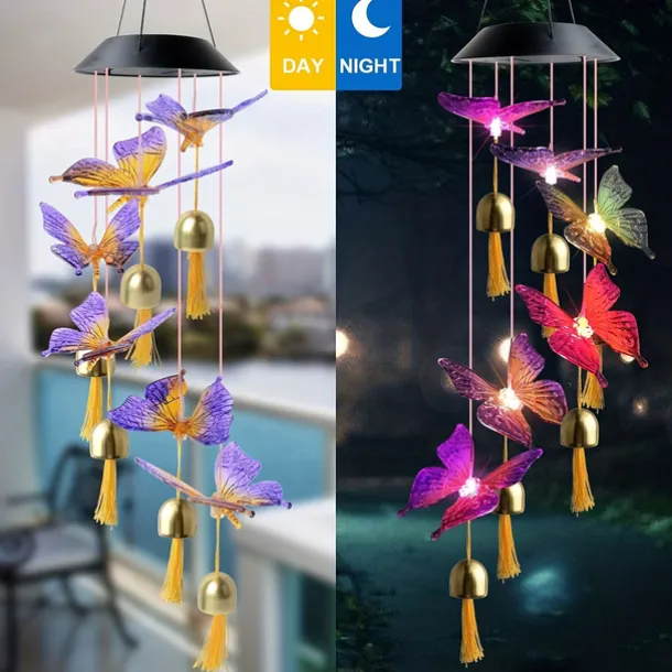 Solar Wind Chimes Bell Dragonfly LED Lights Outdoor Waterproof Auto Light Color-Changing Solar Powered Hanging Lights for Courtyard Garden Patio Festival Decoration