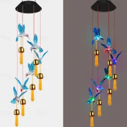 Solar Wind Chimes Bell Dragonfly LED Lights Outdoor Waterproof Auto Light Color-Changing Solar Powered Hanging Lights for Courtyard Garden Patio Festival Decoration