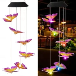 Solar Wind Chimes LED Outdoor Light Changing Butterfly Lights Outdoor Solar Waterproof 6LEDs Wind Chimes Solar Powered Lights for Home Garden Patio Window Decoration