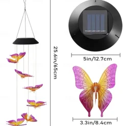 Solar Wind Chimes LED Outdoor Light Changing Butterfly Lights Outdoor Solar Waterproof 6LEDs Wind Chimes Solar Powered Lights for Home Garden Patio Window Decoration