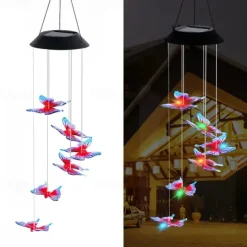 Solar Wind Chimes LED Outdoor Light Changing Butterfly Lights Outdoor Solar Waterproof 6LEDs Wind Chimes Solar Powered Lights for Home Garden Patio Window Decoration