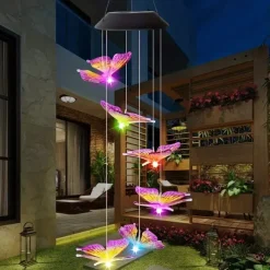 Solar Wind Chimes LED Outdoor Light Changing Butterfly Lights Outdoor Solar Waterproof 6LEDs Wind Chimes Solar Powered Lights for Home Garden Patio Window Decoration