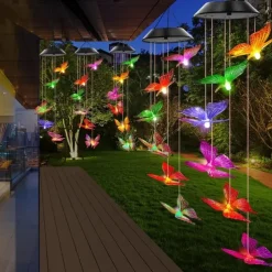 Solar Wind Chimes LED Outdoor Light Changing Butterfly Lights Outdoor Solar Waterproof 6LEDs Wind Chimes Solar Powered Lights for Home Garden Patio Window Decoration