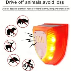 Solar-Powered Animal Repellent Alarm with Dog Barking, Gunfire Sound & SOS Light - Waterproof, Rechargeable for Home, Farm & Outdoor Use