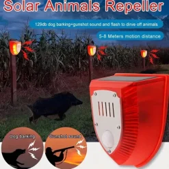 Solar-Powered Animal Repellent Alarm with Dog Barking, Gunfire Sound & SOS Light - Waterproof, Rechargeable for Home, Farm & Outdoor Use
