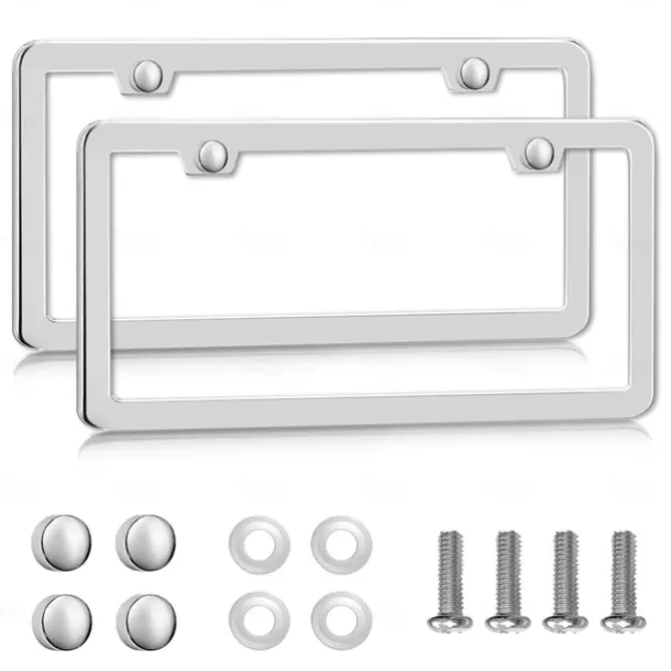 Solid Silver Rust-Proof Car License Plate Frames Universal Stainless Steel Holder with Screws & Caps US Standard 2PCS