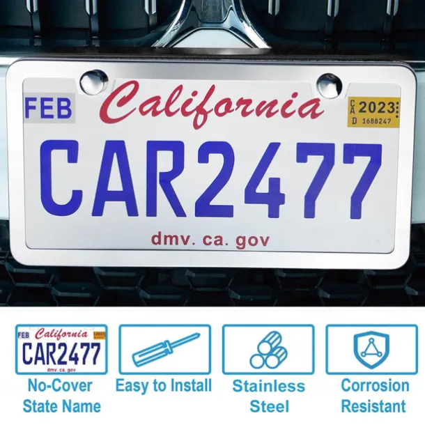 Solid Silver Rust-Proof Car License Plate Frames Universal Stainless Steel Holder with Screws & Caps US Standard 2PCS