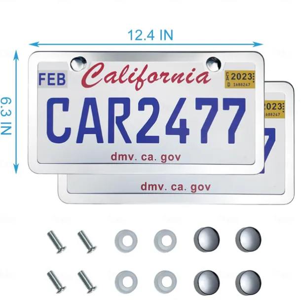 Solid Silver Rust-Proof Car License Plate Frames Universal Stainless Steel Holder with Screws & Caps US Standard 2PCS