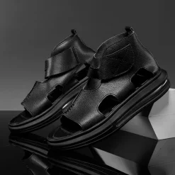 Sophisticated Black Men's Leather Sandals - Modern Cut-Out Design with Cushioned Sole, Ideal for Smart Casual and Outdoor Wear
