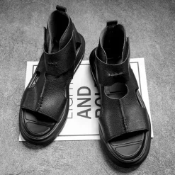 Sophisticated Black Men's Leather Sandals - Modern Cut-Out Design with Cushioned Sole, Ideal for Smart Casual and Outdoor Wear