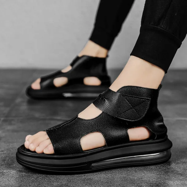 Sophisticated Black Men's Leather Sandals - Modern Cut-Out Design with Cushioned Sole, Ideal for Smart Casual and Outdoor Wear
