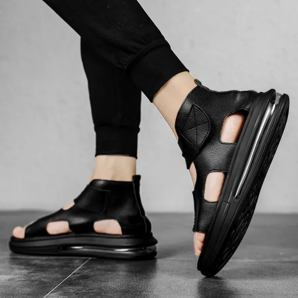 Sophisticated Black Men's Leather Sandals - Modern Cut-Out Design with Cushioned Sole, Ideal for Smart Casual and Outdoor Wear