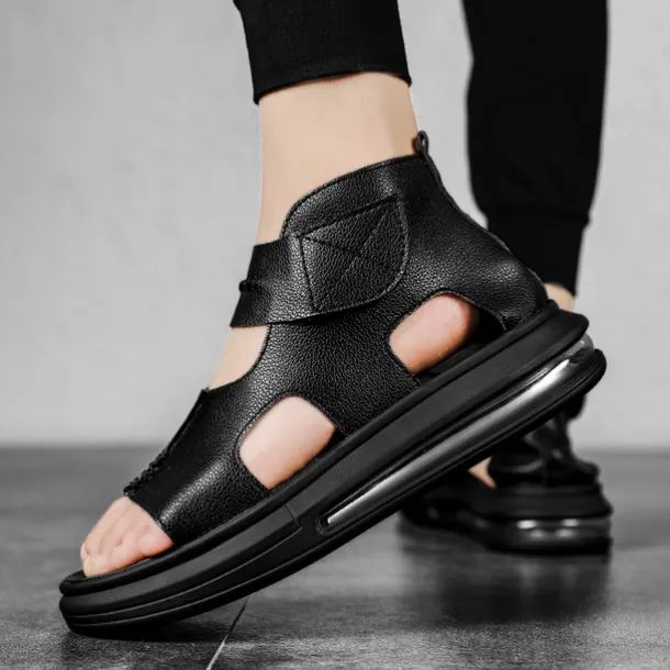 Sophisticated Black Men's Leather Sandals - Modern Cut-Out Design with Cushioned Sole, Ideal for Smart Casual and Outdoor Wear