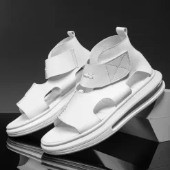 Sophisticated Black Men's Leather Sandals - Modern Cut-Out Design with Cushioned Sole, Ideal for Smart Casual and Outdoor Wear