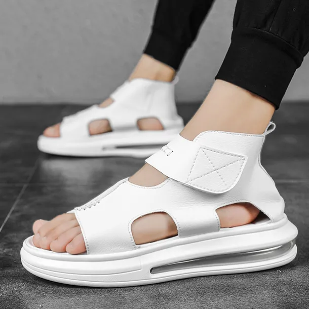 Sophisticated Black Men's Leather Sandals - Modern Cut-Out Design with Cushioned Sole, Ideal for Smart Casual and Outdoor Wear