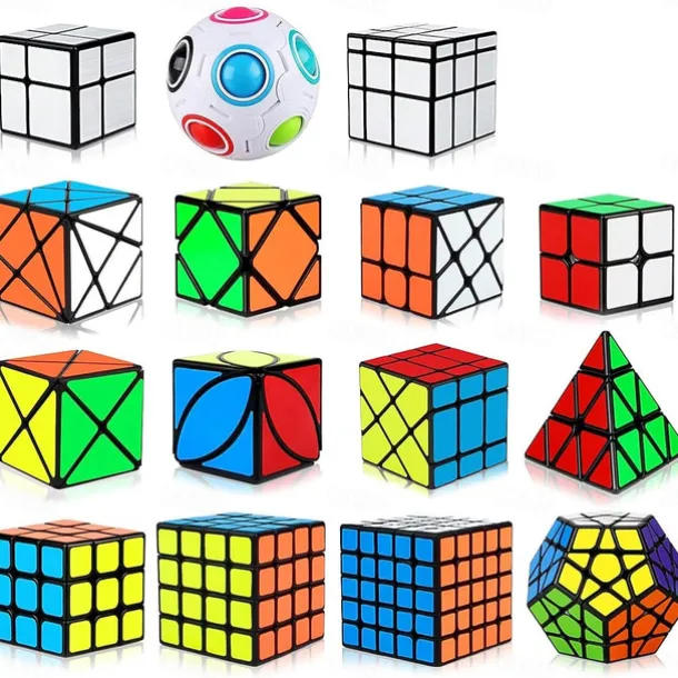 Speed Cube Set, 15 Pack Cube Bundle 2x2 4x4 5x5 Megaminx Pyramid Skew Ivy Windmill Fisher Axis Dino Mirror Cube Magic Rainbow Ball Sticker Cube Puzzle Collection for Festive