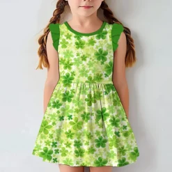 St. Patrick Girls' 3D Four Leaf Clover Ruffle Dress Sleeveless 3D Print Summer Daily Holiday Casual Beautiful Kids 3-12 Years Casual Dress Tank Dress Above Knee Polyester Regular Fit