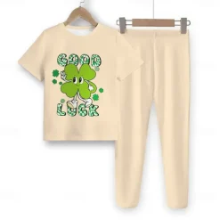 St. Patrick Girls' 3D Four Leaf Clover Tee & Pants Pajama Sets Short Sleeve 3D Print Summer Spring Fall Active Fashion Cute Polyester Kids 4 years+ Crew Neck Home Causal Indoor Regular Fit
