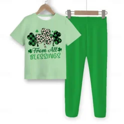 St. Patrick Girls' 3D Four Leaf Clover Tee & Pants Pajama Sets Short Sleeve 3D Print Summer Spring Fall Active Fashion Cute Polyester Kids 4 years+ Crew Neck Home Causal Indoor Regular Fit